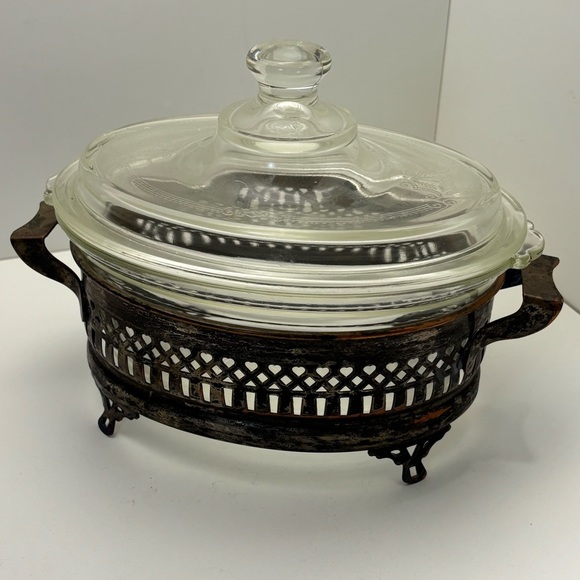 Antique McKee Glasbake etched glass casserole with copper plated silver stand - Picture 1 of 13